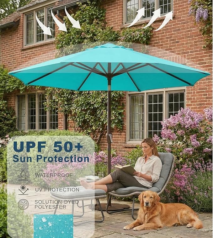PatioKingdom 9FT Patio Outdoor Umbrella-UPF 50+ Sun Shade with Wind Vent, Push-Button Tilt & Smooth Crank Lift, Rust-Resistant Fiberglass Frame for Garden, Backyard,Yard (Peacock Blue)