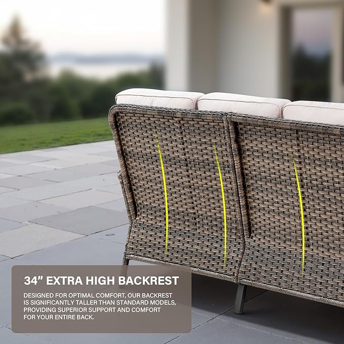 Belord 8 Pieces Patio Conversation Set with 43” Propane Fire Pit Table, Outdoor Sectional Furniture Sofa Set with Removable Beige Cushions for Patio Deck Backyard Brown