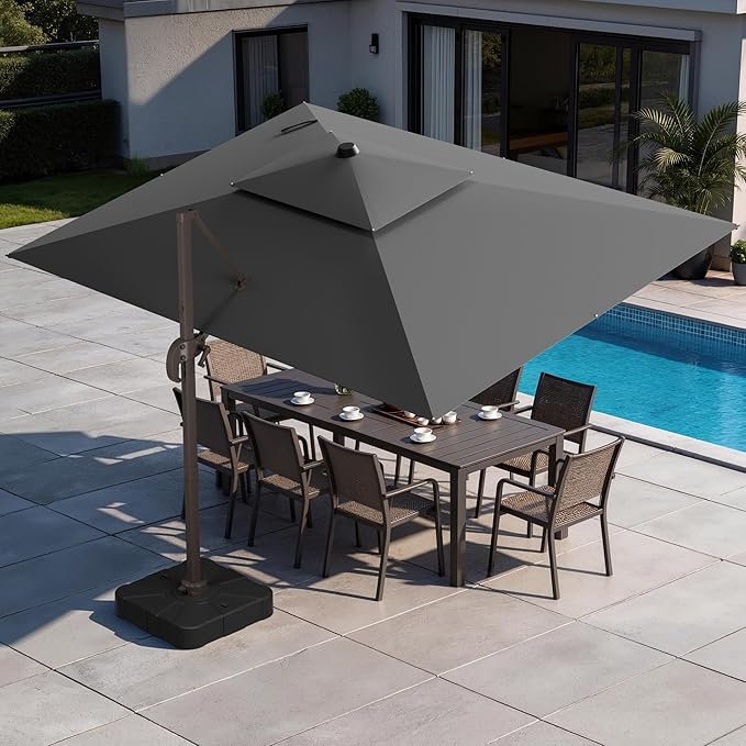 GENTEACO 9x12FT Cantilever Patio Umbrella with Base Included, Double Top Rectangle Offset Umbrella 7 Angle Tilts & 360° Rotation, Large Heavy Duty Outdoor Sun Umbrella for Pool Market, Grey