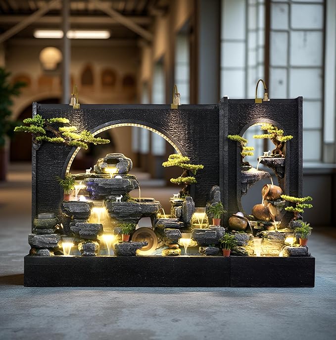 60" LED Outdoor Cement Fountain with Mist, Rock Waterfall & 50 Crystals – Zen Decor for Patio, Garden, Balcony or Housewarming (C+B)