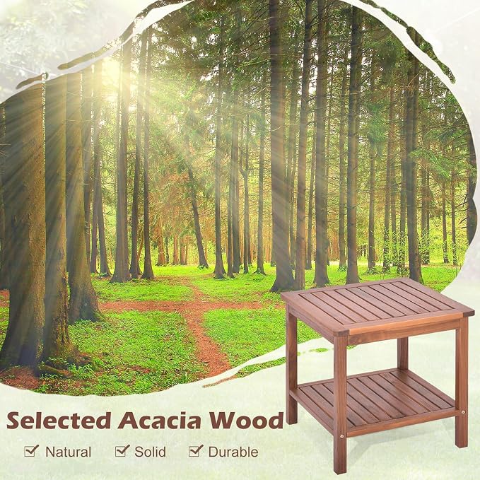 RELAX4LIFE Adirondack Outdoor Side Table - 2-Tier Acacia Wood Square End Tables w/Slatted Tabletop & Shelf for Garden Porch Pool, Indoor Outdoor Companion, Wooden Small Patio Table (2, Natural)
