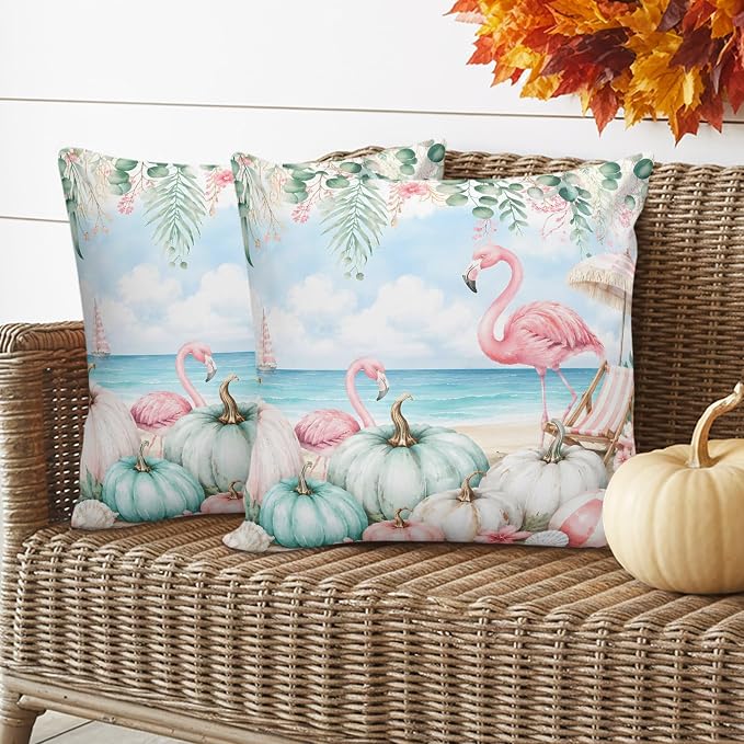 Coastal Fall Throw Pillow Covers 16x16 Inch Set of 2, Thanksgiving Waterproof Outdoor Pillow Covers, Flamingo Pumpkins Eucalyptus Decorative Cushion Pillowcases for Couch, Sofa, Bed, Garden, Patio