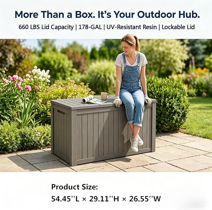178 Gallon Resin Deck Box with Gas Lift Support – Outdoor Storage for Patio Furniture, Garden Tools & BBQ Accessories – Weatherproof Wood Grain Design with 660 Lbs Bench Seat (Lockable Lid)