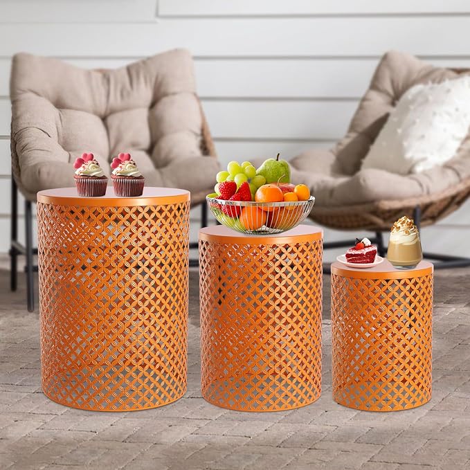 Metal Frame Accent Table,Cylindrical Outdoor Side Table,Decorative Garden Stool,Set of 3 Nesting Side Table,Modern Decorative Garden Stool for Patio Balconies Cafes Parks (3, Orange)