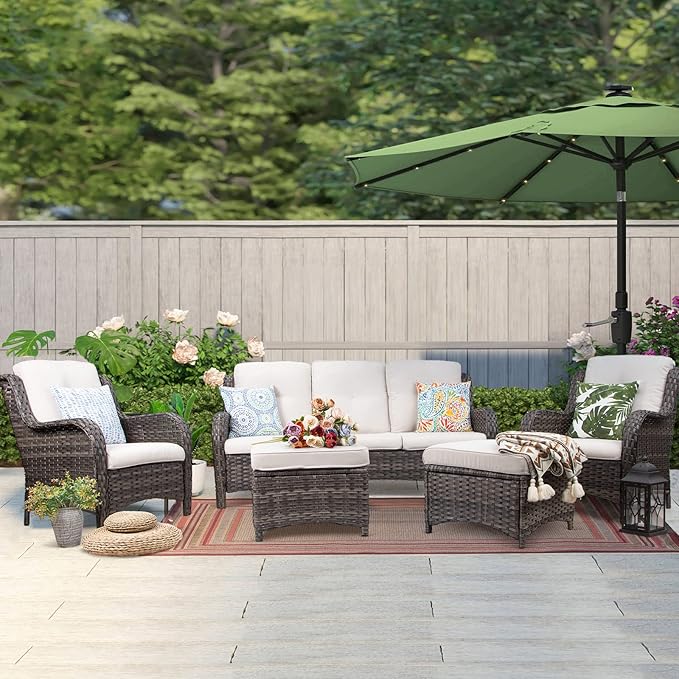 Patio Furniture Set 5-Piece Wicker Outdoor Furniture Conversational Set with 3-Seat Sofa, 2 Armchairs, 2 Ottoman Patio Rattan Wicker Sectional Sofa Set with Olefin Cushions, Beige