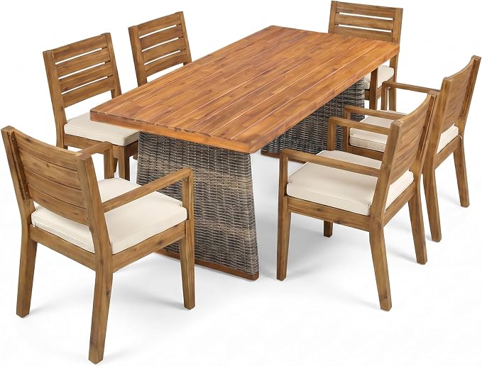 Christopher Knight Home Smeb Acacia Wood Outdoor Dining Table Set for 6, Outdoor Dining Set, Patio Table and Dining Chairs Set of 6 with Cushions, 7 Pieces Patio Furniture Set, Grey + Brown + Cream