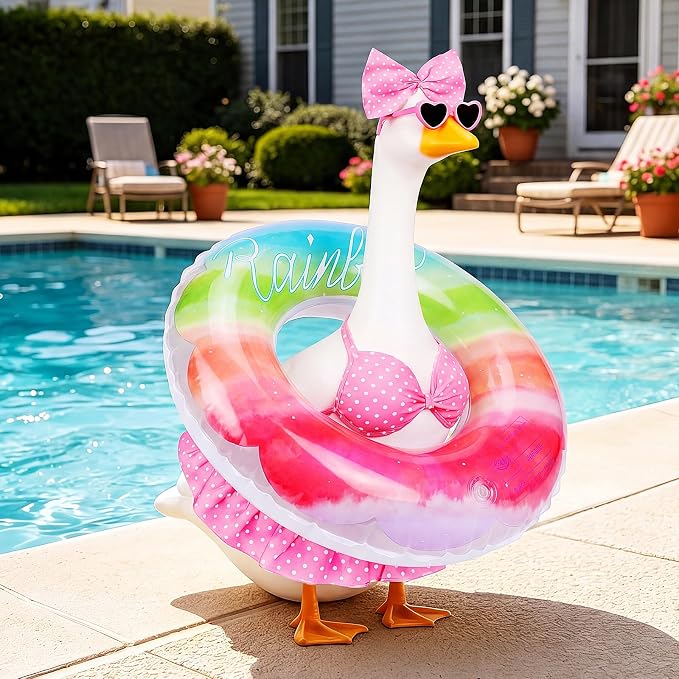 23 in Porch Goose Summer Outfit Bikini, Hawaiian Porch Goose Swimsuit Clothes Costume Accessories with Bow Glasses Swim Ring for 23" Summer Goose Garden Patio Statue Decor (Pink)