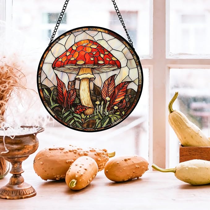 DASTOLL Stained Glass Window Hanging, Big Red Mushroom Suncatcher for Doors Home Sun Catchers Decoration and Christmas, Mother's Day Birthday Gifts for Women, Men, and Mom 14.9x14.9 in