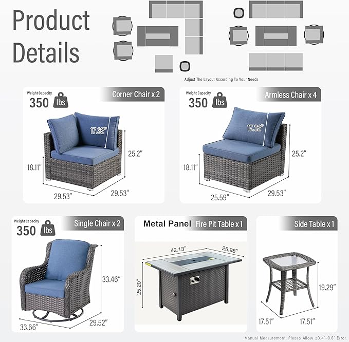 HOOOWOOO Outdoor Patio Furniture Set with Fire Pit 10 Pieces Patio Set with Fire Pit Wicker Outdoor Furniture with Fire Pit Table Set Patio Conversation Set with Swivel Chairs,Denim Blue