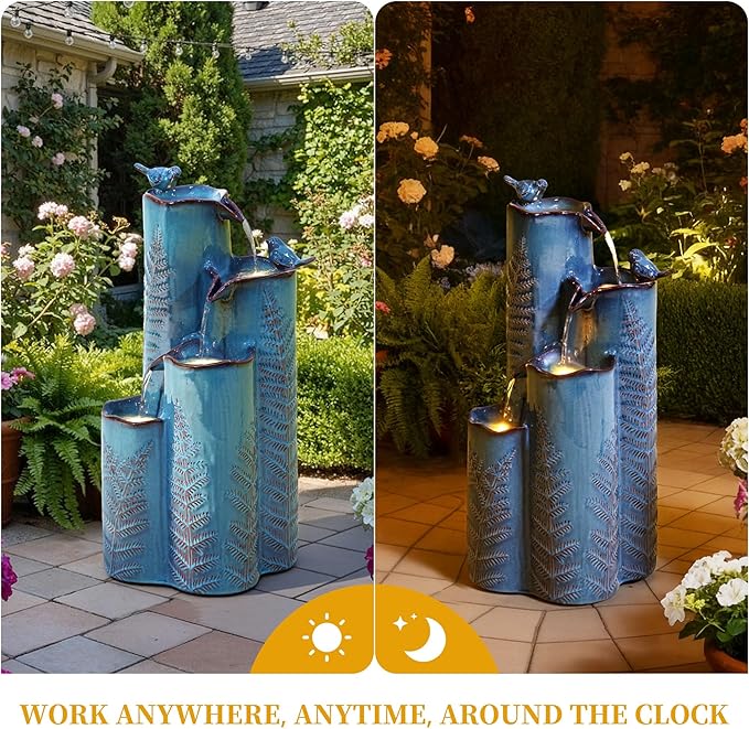 32" Outdoor Water Fountain, Ceramic Outdoor Fountain, Stacked 4-Tier Vase Waterfalls for Garden, Patio, Yard, or Porch Decor, Creating Relaxing Serene Oasis, Embossed Leaf Pattern, Turquoise
