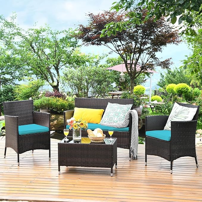COSTWAY 8PCS Rattan Patio Furniture Set, Outdoor Wicker Rattan Chairs with Coffee Table, Rattan Cushioned Conversation Set for Backyard Balcony Porch Poolside, Turquoise