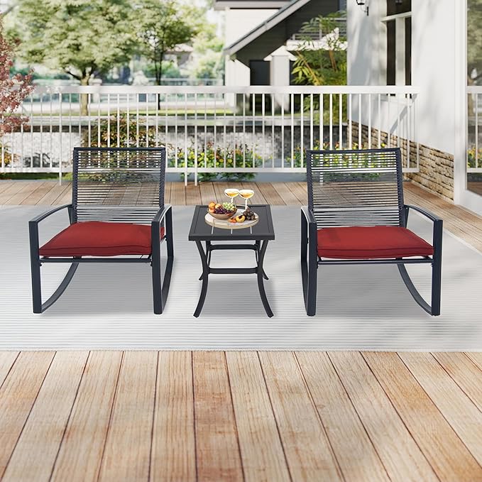 Domi Outdoor 3-Piece Wicker Rocking Chair Set, Patio Conversation Set with Removable Textilene Cushions & Metal Coffee Table, All-Weather Outside Chair Set of 3 for Balcony, Backyard, Pool, Red