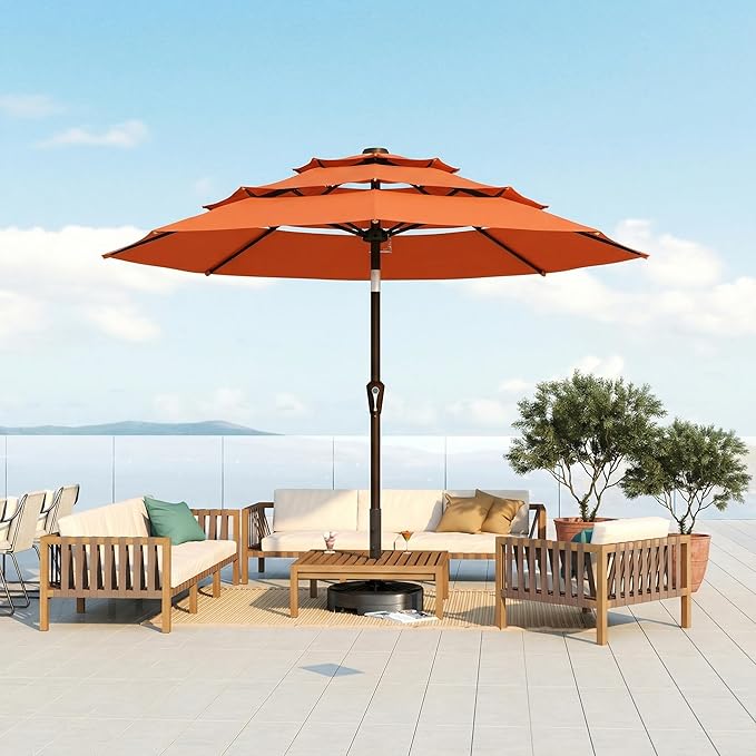 10FT Patio Umbrella 3 Tiers Outdoor Market Umbrella w/Push Button Tilt, Crank, UV and Waterproof Table Umbrella for Garden, Pool, Backyard, Deck, Lawn, Terracotta