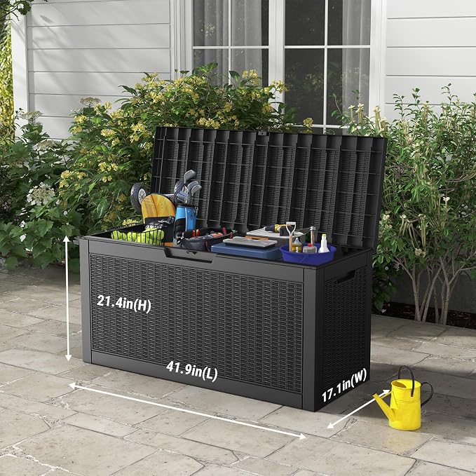 Mars Villa 60 Gallon Deck Box, Outdoor Storage Box Waterproof, Outside Resin Storage Bin for Outdoor Patio Furniture Cushion, Pool Supply, Garden Tool, UV-Resistant and Weatherproof, Rattan Black