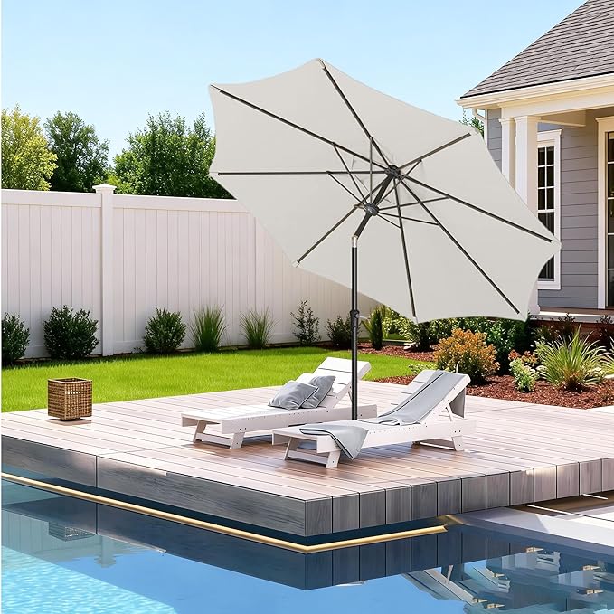 9FT Outdoor Patio Umbrella Outdoor pool Umbrella with Push Button Tilt and Crank, Market Umbrella 8 Sturdy Ribs UV Protection for Garden, Deck, Backyard (White)
