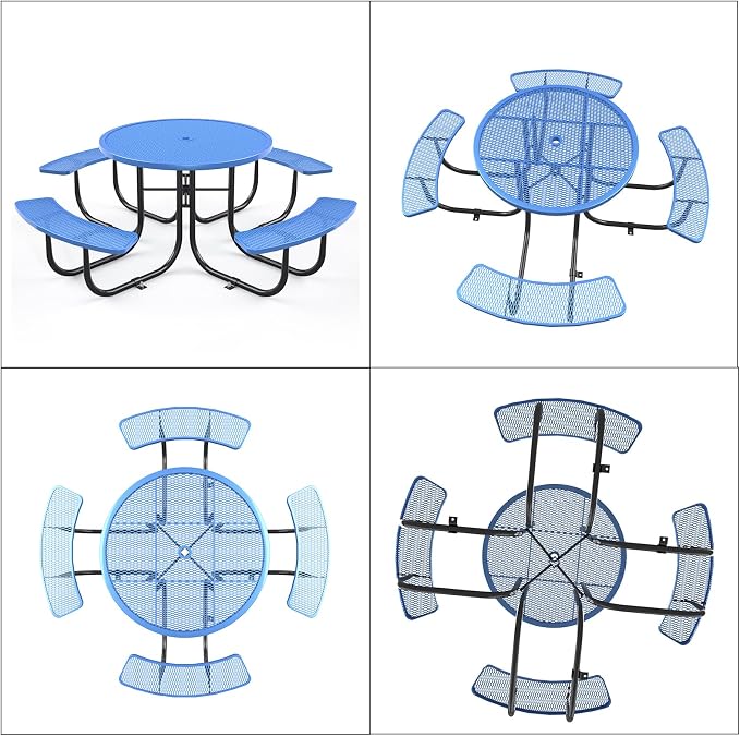 KEIKI 78.7" Heavy-Duty Metal Picnic Table w/2.05" Umbrella Hole, Round Commercial Outdoor Steel Table for 4–8 People, 2.5mm Mesh Top, Rust-Resistant Coating, Patio Backyard Park Dining Furniture, Blue