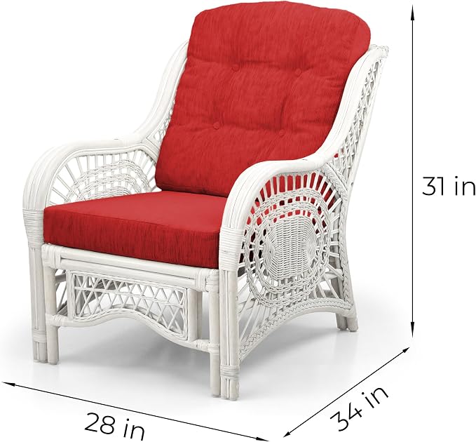 Malibu Lounge Set of 4: 2 Natural Rattan Wicker Chairs, Three-Seater Sofa with Red Cushions and Coffee Table with Glass Handmade, White Color