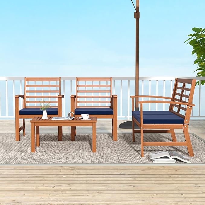 Tangkula 4 Pieces Outdoor Furniture Set, Acacia Wood Conversation Set w/Soft Seat Cushions, Stable Acacia Wood Frame, Patio Sofa & Coffee Table Set for Backyard, Porch, Poolside (Navy)
