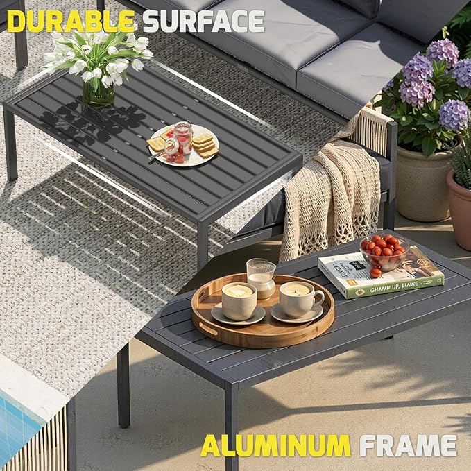U-MAX Aluminum Patio Furniture Set 5 Seats Outdoor Sectional Couch with Coffee Central Table Patio Conversation Sets for Porch Deck (Dark Grey, with Retractable Single Sofa)