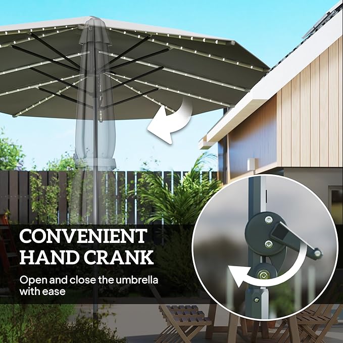 Outsunny 15ft Extra Large Patio Umbrella with Bright Solar Lights, Aluminum UPF50+ Double-Sided Outdoor Table Market Umbrella with Fiberglass Ribs Crank Air Vents for Backyard Deck Pool