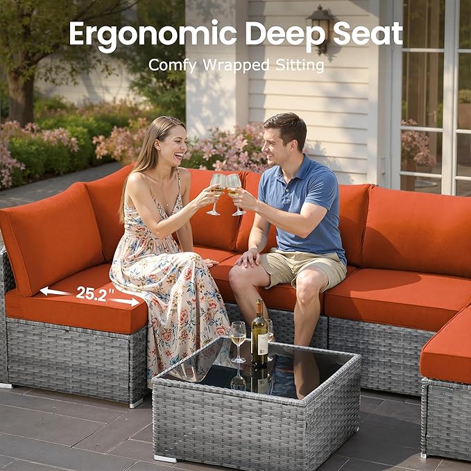 7 PCS Outdoor Patio Furniture Sets,Wicker Weather Resistant Patio Conversation Set with Comfy Cushions,Modular L Shaped Sofa with Coffee Table for Yard Backyard Porch Garden Poolside,Orange Red