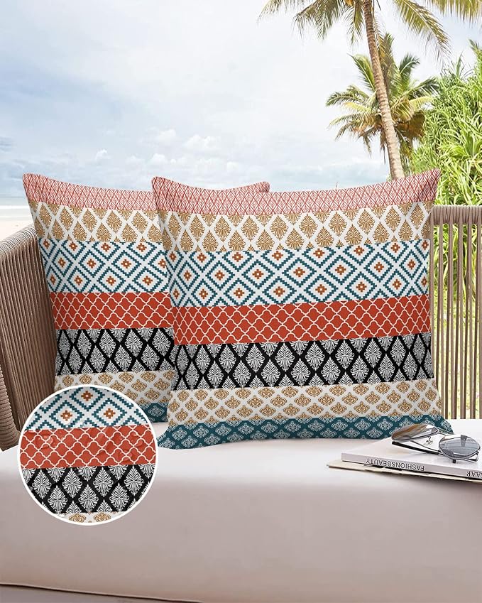 Outdoor Waterproof Throw Pillow Covers Boho Stripe Tribal Vingtage Lumbar Pillowcases Bohemian Style Pattern Decorative Pillows Cushion Case Patio Pillows for Couch Bed Garden 24 x 24 Inches