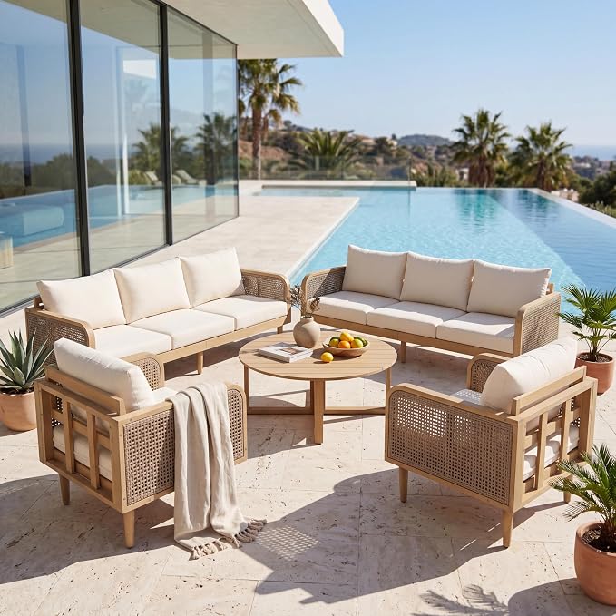 Christopher Knight Home Edward 5 Piece Patio Furniture Set with 3-Seater Sofas, Club Chairs and Coffee Table, Outdoor Acacia Wood Conversation Set, Patio Sofa Set for 8, Light Teak+Light Brown+Cream
