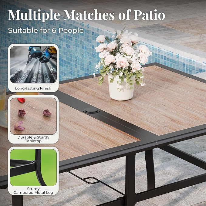 MIXPATIO 7 Pieces Patio Table and Chairs Set, Outdoor Dining Furniture Set for 6, 6 Red Textilene Chairs and 61" Wood-Like Table Top with Umbrella Hole, for Deck Backyard Lawn