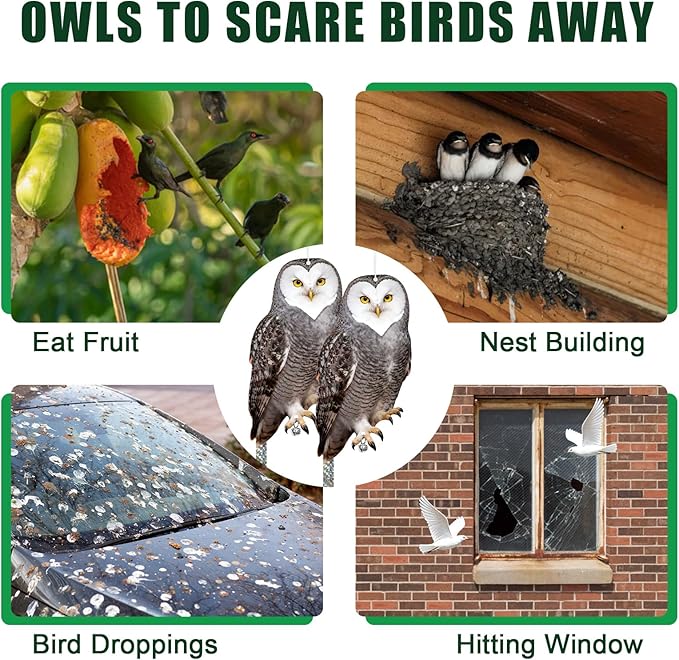 Owls to Keep Birds Away: 2Pcs Fake Owl with Reflective Tape for Orchard Garden Patio Pool, Reflective Hanging Decoration to Keep Birds Pigeon from Windows Tree Vineyard