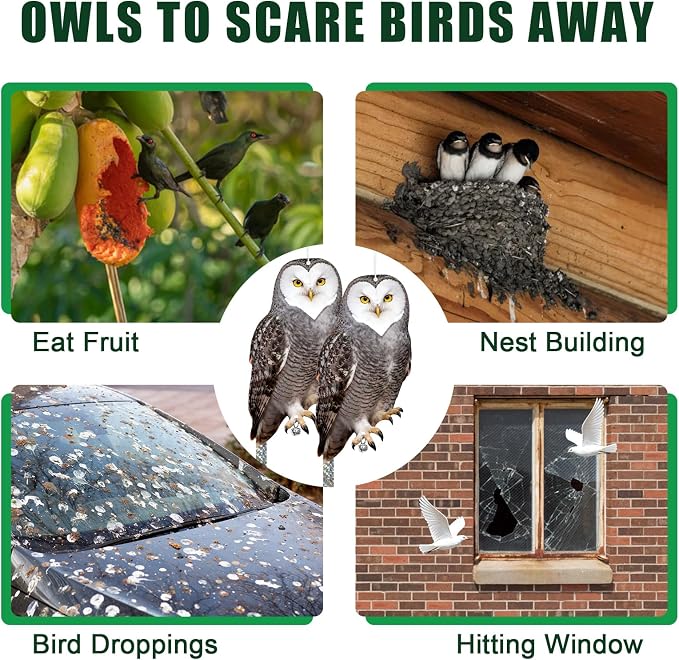 Owls to Keep Birds Away: 3Pcs Fake Owl with Reflective Tape for Orchard Garden Patio Pool, Reflective Hanging Decoration to Keep Birds Pigeon from Windows Tree Vineyard