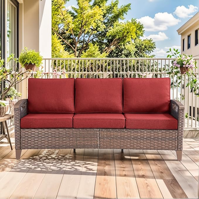 Luxury 9 Piece Heavy Duty Patio Furniture Set with Swivel Chairs - All Weather Wicker Comfort Thick Cushion Outdoor Conversation Set for Porch Poolside Deck - Red
