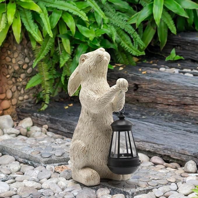 Garden Statues Rabbit with Solar Lights- Bunny Figurine Outdoor Rabbit Fall Decor for Home Lawn,Balcony-Yard Art Garden&Patio Whimsical Decor,Unique Housewarming&Birthday Gifts for Women Mom