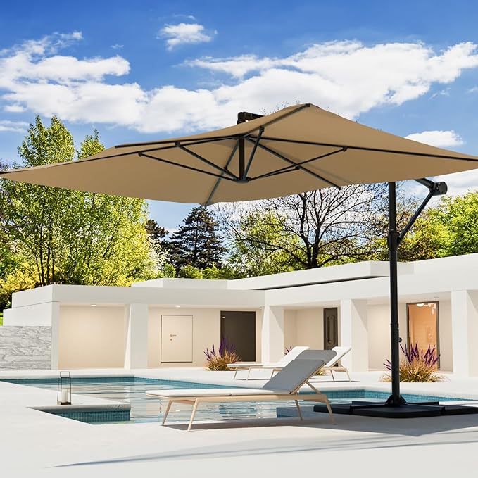 COSIEST 9 x 11.5FT Offset Patio Umbrella, Cantilever Hanging Outdoor Umbrella w/360-degree Rotation, Handy Crank, UV & Waterproof Canopy, 6 Ribs for Market, Backyard, Poolside, Garden