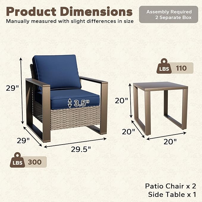 Outdoor Wicker Metal Chairs Set of 2 with Matching Side Table - 3 Pieces Patio Bistro Set with Removable Olefin Fabric Cushions & Rectangular Framed Wood-Looking Metal Armrest, Dark Blue