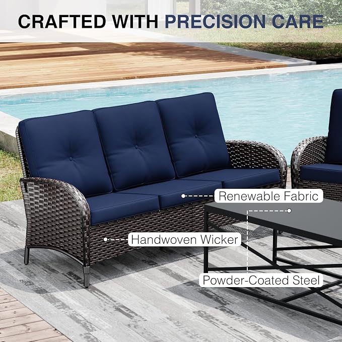 Joyside Wicker Patio Furniture Set, 7 Piece Outdoor Furniture Set with Thickened Cushions, High Back, Deep Seating, Wide Armrest, Rattan Outdoor Chairs for Porch, Deck