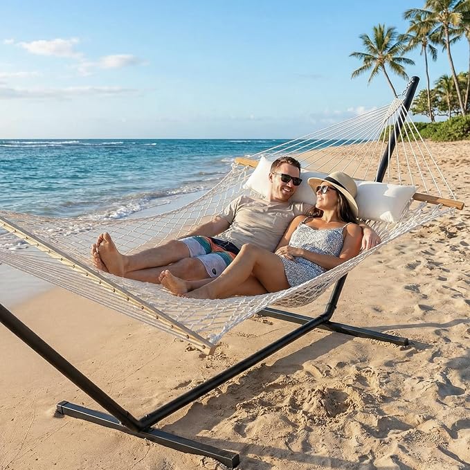 GAFETE 2 Person Hammock with Stand for Outside, 52inch Double Cotton Rope Hammock, Heavy Duty Steel Stand, Large Removable Pillow, Max 475 lbs Capacity (Natural Beige)