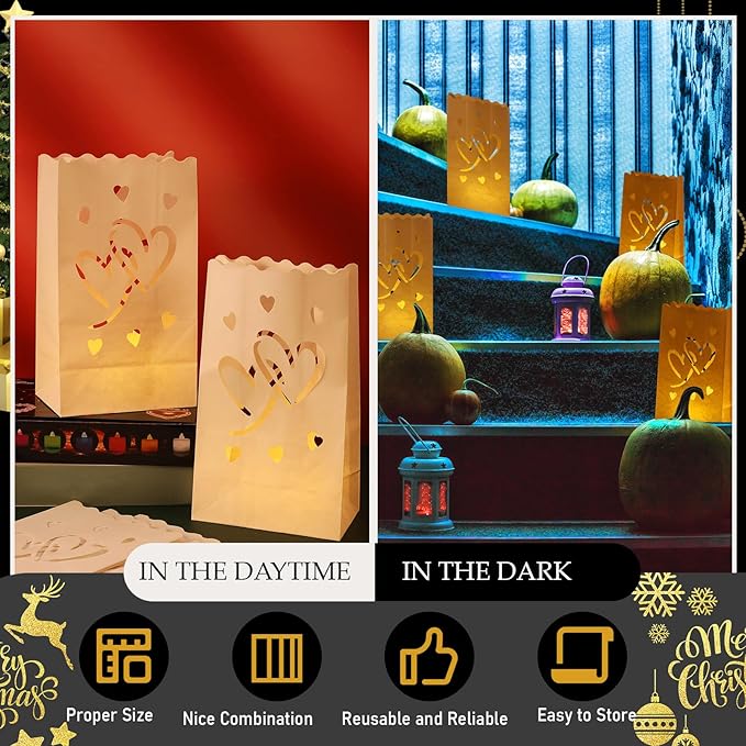 Sabary 50 Sets Luminary Bags with Flameless Tea Lights Outdoor Luminaries LED Lantern Candle Bags for Wedding Birthday Ramadan Christmas Party Decorations Romantic Decor(Romantic Heart)