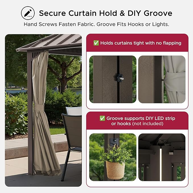SUNJOY Kingston 16' x 12' Hardtop Gazebo with Galvanized Steel Double Roof, Curtain and Netting, Brown Aluminum Posts Permanent Pavilion Gazebo for Garden, Patio, Deck, Lawn