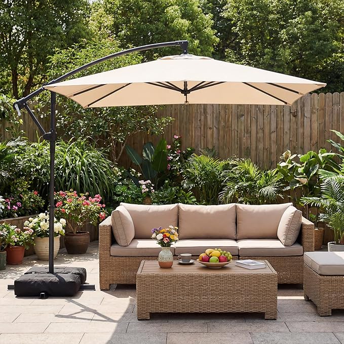 Tangkula 8x8 FT Patio Umbrella with Base Included, Square Offset Cantilever Outdoor Umbrella with 360 Degree Rotation, Crank Handle, Sandbags, 8 Ribs for Pool Deck Garden Backyard