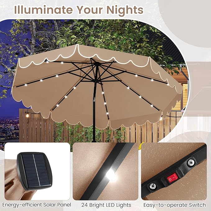 HAPPYGRILL 10 FT Patio Umbrella with Solar Lights, Market Sunshade with Ruffles, Vented Top, Tilt Adjustment & Built-in Crank, Outdoor Parasol Canopy for Backyard Poolside Deck Beach Lawn