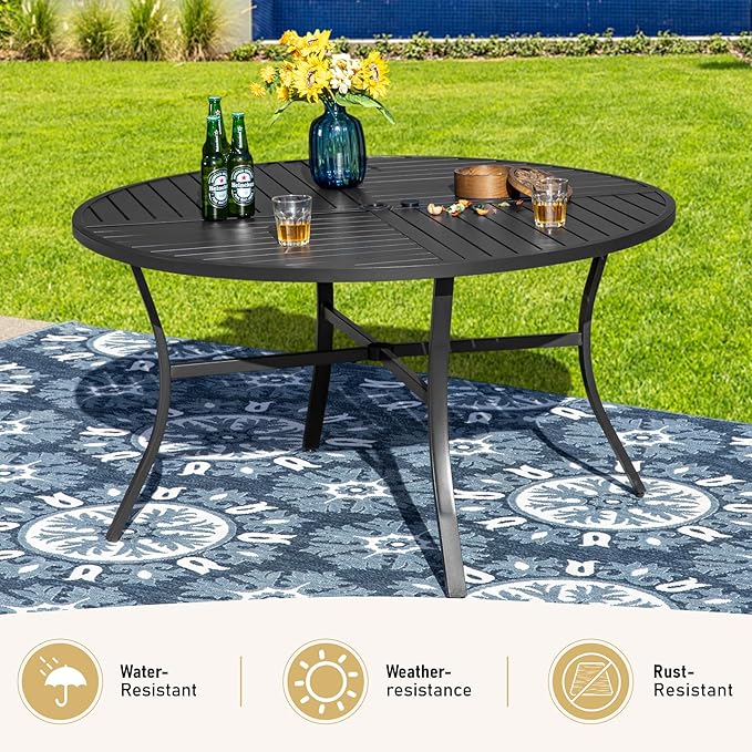 SUNSHINE VALLEY 7 Pieces Patio Dining Set, 6 x Woven Rattan Chairs with Waterproof Cushion, 54” Metal Round Dining Table with Umbrella Hole, Outdoor Table and Chairs Set for Backyard Lawn and Deck