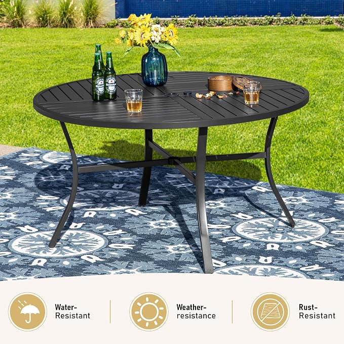 SUNSHINE VALLEY 7 Piece Outdoor Dining Set for 6, 54" Round Metal Table with Umbrella Hole, 6 Brown Dining Chairs, Patio Table and Chairs Set for Backyard Lawn