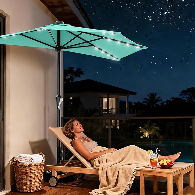 AreShark 9ft Patio Half Umbrellas with Solar Lights, 1/2 LED Half Outdoor Umbrella w/ 20 LED Lights, Lighted Table Wall Umbrella with Crank & 5 Sturdy Ribs for Market, Pool, Deck, Lawn and Garden, Teal Blue