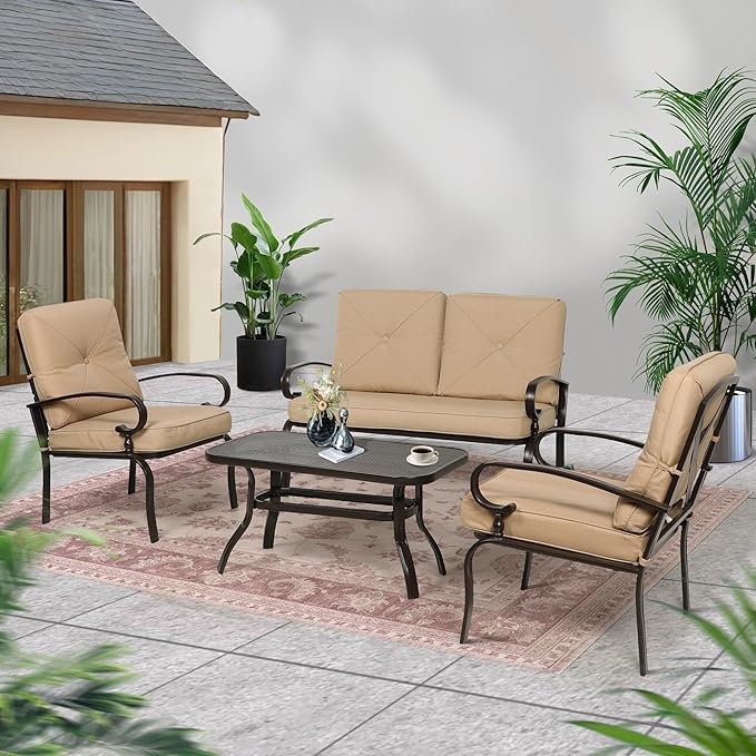 Incbruce 4-Piece Outdoor Metal Furniture Set: Wrought Iron Patio Conversation Set (Loveseat, Coffee Table, 2 Chairs) - Steel Frame with Brown Cushions