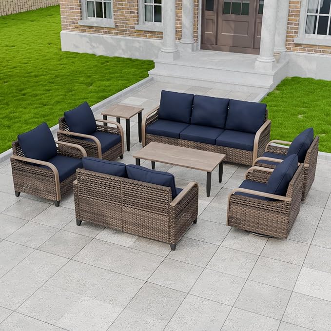 Modern Wicker Patio Furniture Set, Rattan Outdoor Conversation Set， 2 Patio Chairs, 2 Swivel Rocking Chairs, 3 Seat Couch, Loveseat, Coffee Table and Side Table, 8 Pieces, Brown/Blue