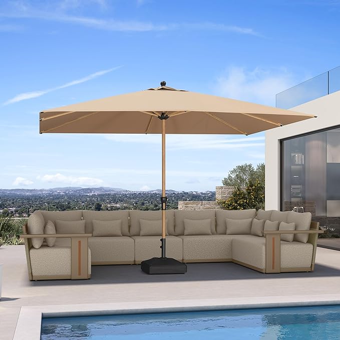 PURPLE LEAF 8' x 11.5' Patio Umbrella with Base Outdoor Umbrella Market Umbrella with Crank & 8 Ribs Aluminum Rectangular Table Umbrella Outdoor Patio for Backyard, Taupe