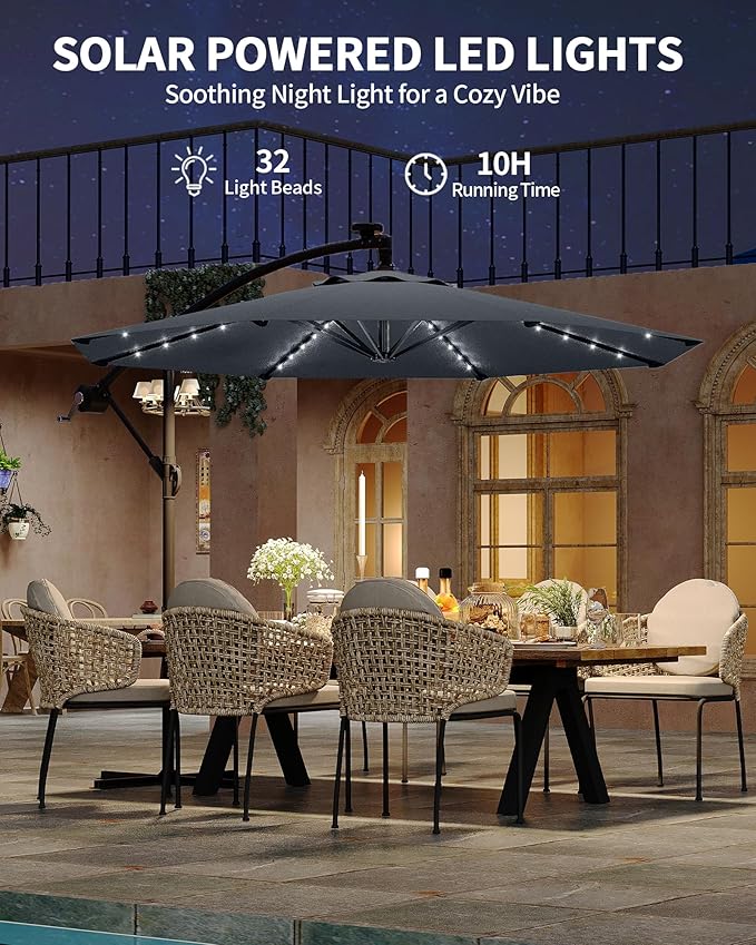 10FT Cantilever Patio Umbrella with Solar LED Lights - Heavy Duty 2-Tier Square Aluminum Offset Outdoor Umbrella, 360° Rotation for Poolside, Backyard, Deck Outdoor Use, Tan