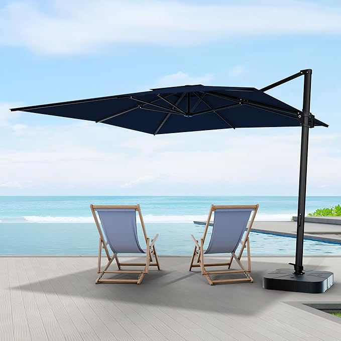 Midtown Umbrellas 9 x 9 Ft Outdoor Cantilever Patio Umbrella w/Sunbrella Canvas Navy Fabric - 360° Rotate Offset Patio Umbrella, Deck Patio Umbrella, Backyard Umbrella & Garden Umbrella - Black Frame