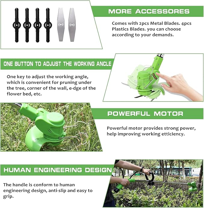 Electric Lawn Mower, 12V Rotary Electric Lawn Mower, Rechargeable Portable Telescopic Garden House Mowing Machine, Lightweight ding Pruning Tools, 2 Batteries
