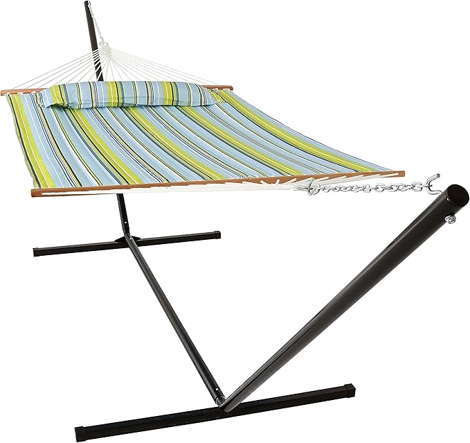 Sunnydaze Quilted Double Hammock with Stand for Outside - 400-Pound Capacity 2-Person Hammock with Stand - 15-Foot Stand - Blue and Green